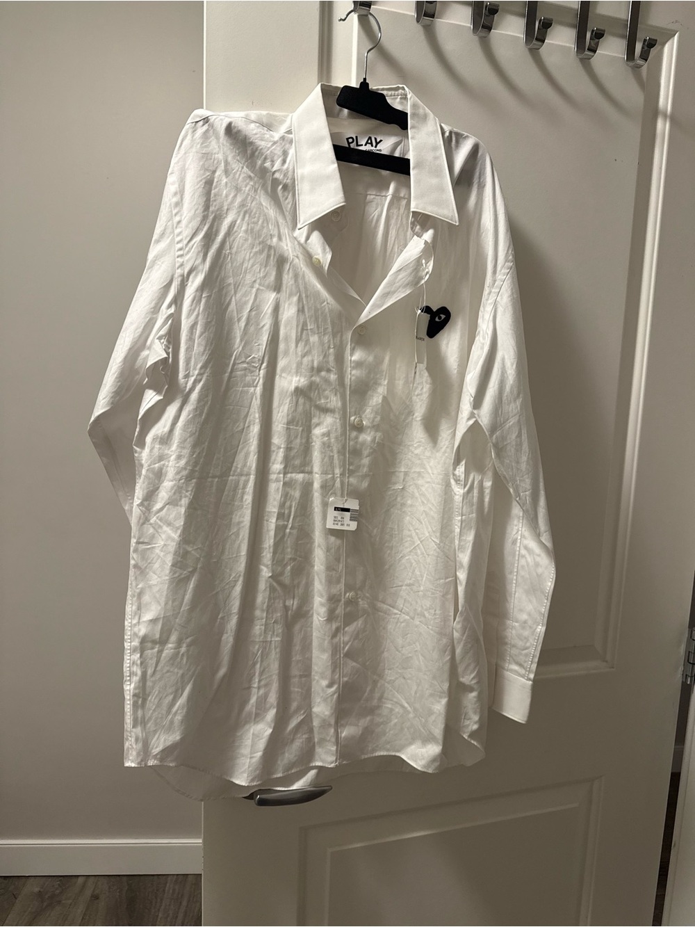 Comme des Garcons Play White Button-Up Shirt with Black Heart Patch